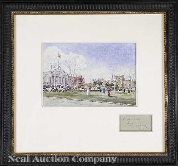 Robert Harvey (American, 19th c.): Robert Harvey (American, 19th c.), "The Carnaval, Mad de Gra, New Orleans, U.S.A.", watercolor on paper, unsigned, pencil-titled, inscribed "No. 3", and stamped "74C" en verso, titled on mat, 7 in. x