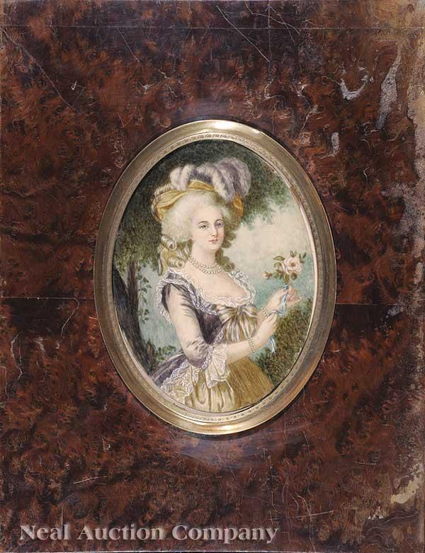 Continental School, 19th c: Continental School, 19th c.,"Portrait of a Lady in Court Finery", watercolor and gouache miniature on bone, unsigned, 4 7/8 in. x 3 5/8 in., in a period birdseye maple frame