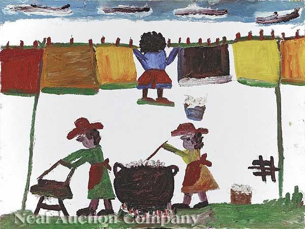 Clementine Hunter (American/Louisiana, 1886-1988): Clementine Hunter (American/Louisiana, 1886-1988), "Wash Day", oil on canvas board, monogrammed lower mid-right, titled and inscribed en verso, 17 7/8 in. x 23 7/8 in
