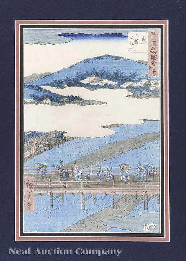 Hiroshige (Japanese, 1797-1858): Hiroshige (Japanese, 1797-1858), two hand-colored woodblock prints, including "May: The Ryogoku River Festival" from the series Annual Events and Sights of Interest in Edo, sight 13 1/8 in. x 8 3/4 in