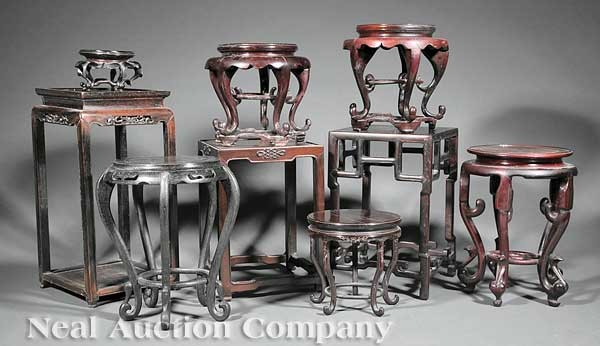 Eight Chinese Hardwood Display Stands: A Nice Group of Eight Chinese Hardwood Display Stands, three of square form raised on four legs, heights 12 in., 13 in., and 16 1/2 in.; five of circular form raised on five cabriole legs, heights 7 i
