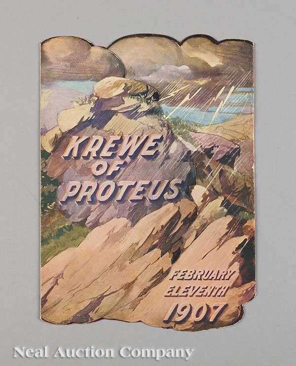 Krewe of Proteus Ball invitation: [Mardi Gras], Krewe of Proteus Ball invitation, 1907, "The Queen of the Serpents", reproduced in Henri Schindler's Mardi Gras Treasures: Invitations of the Golden Age, Pelican Publishing Company, Gret