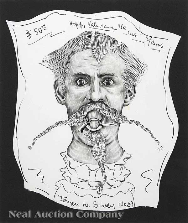 George Febres (Ecuadorian/New Orleans, b. 1943): George Febres (Ecuadorian/New Orleans, b. 1943), a pair of pencil drawings on paper including "Andy Warhol" signed lower right, numbered "87" lower left, and "George Ohr, Tongue Tie Study No. 69" penc