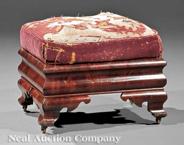 American Late Classical Mahogany Footstool: An American Late Classical Mahogany Footstool, c. 1820, New York, ogee frame, shaped bracket feet, casters