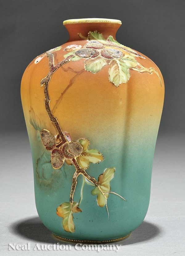 Japanese "Nippon" Moriage Porcelain Vase: A Japanese "Nippon" Moriage Porcelain Vase, early 20th c., overall coralene decoration of oak branches and acorns, raised gilt highlights, base stamped Kinran Japan, height 6 7/8 in., diameter 4 3/4 i