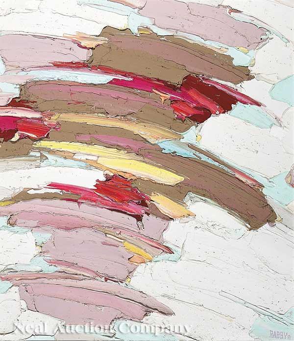 Jim Rabby (Texas/Santa Fe, 20th c.): Jim Rabby (Texas/Santa Fe, 20th c.), "Melody of the Ferris Wheel", oil on canvas, signed lower right, signed, titled and dated "1986" en verso, 42 1/4 in. x 36 3/8 in., matted and framed