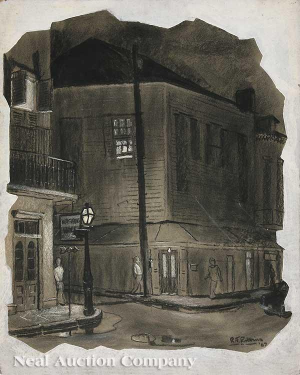Raymond Francis Robbins (American/New Orleans): Raymond Francis Robbins (American/New Orleans, b. 1912), a collection of nine mixed media paintings on board, including "The Alpine", "The Long Walk", "Evening in the Quarter", "Pirate's Alley", "The 