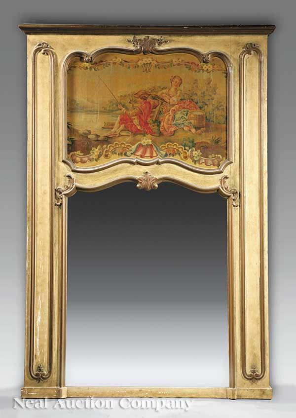 Louis XV-Style Creme and Gilt Peinte Trumeau Mirr: A Louis XV-Style Creme and Gilt Peinte Trumeau Mirror, early 20th c., molded cornice over shaped cartouche enclosing a pastoral courting scene, molded stiles, later conforming mirror plate, attractive