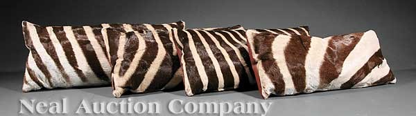 South African Zebra Skin & Water Buffalo Cushions: A Set of Four Decorative South African Zebra Skin and Water Buffalo Lumbar Cushions, custom made with zippered side closure, 22 in. x 9 1/4 in