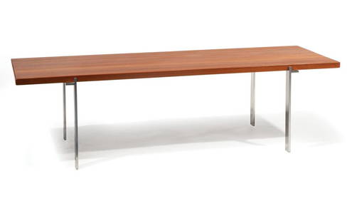 Attr. to Poul Kjaerholm Coffee Table: Attributed to Poul Kjaerholm for A Mikael Laursen Polished Steel and Teak Coffee Table , 1960s, marked "MADE IN DENMARK/A.M.L", solid teak, flat-bar steel base, h. 16 1/2 in., w. 59 in., d. 19 3/4 in