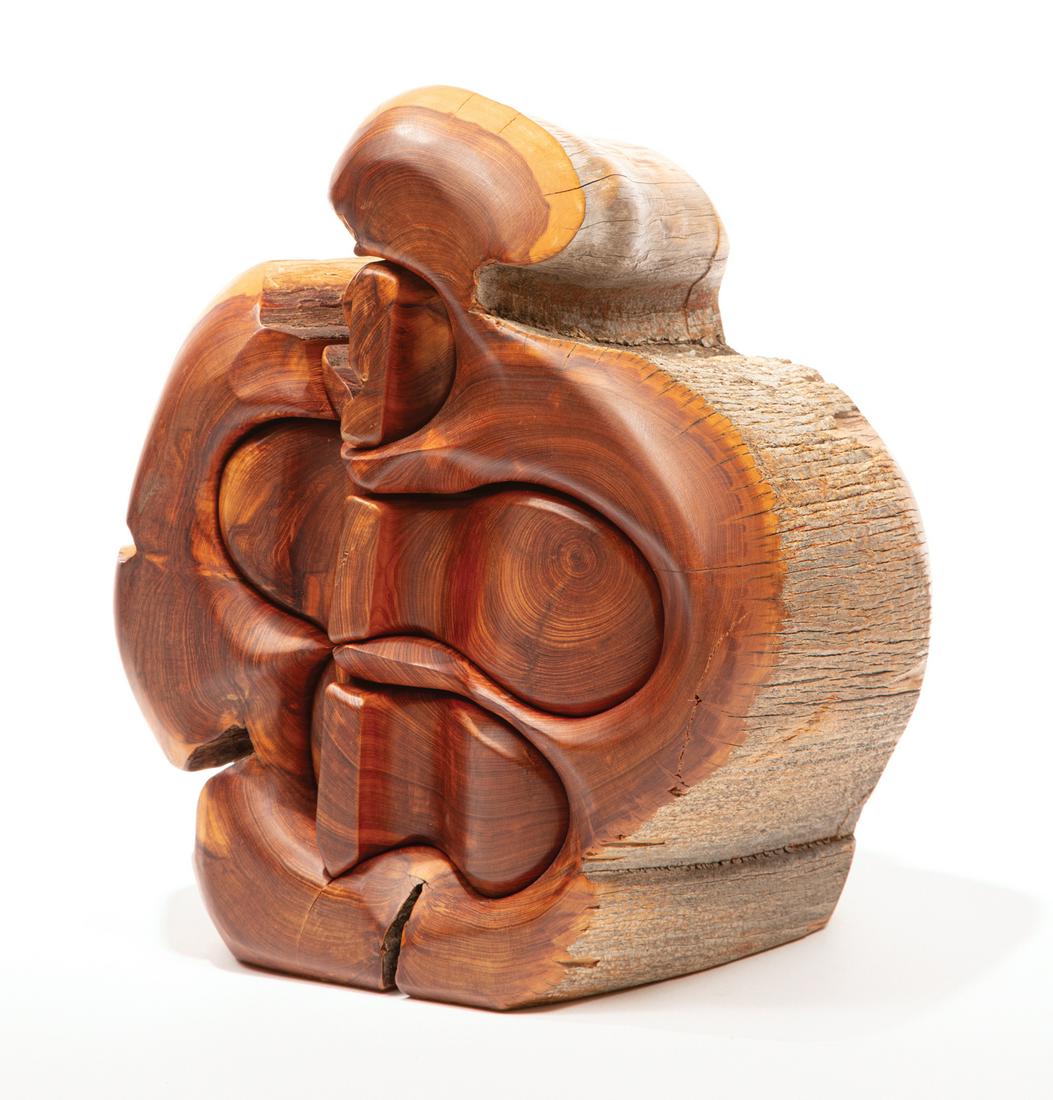 Naturalistic Carved Cedar Jewelry Case by Barrow: Naturalistic Carved Cedar Jewelry Case by Ted Barrow (American, b. 1936) , c. 1970, inscribed "Magpied 77062" on drawer, three fitted fabric lined drawers, h. 11 3/4 in., w. 11 in., d. 7 1/4 in Proven