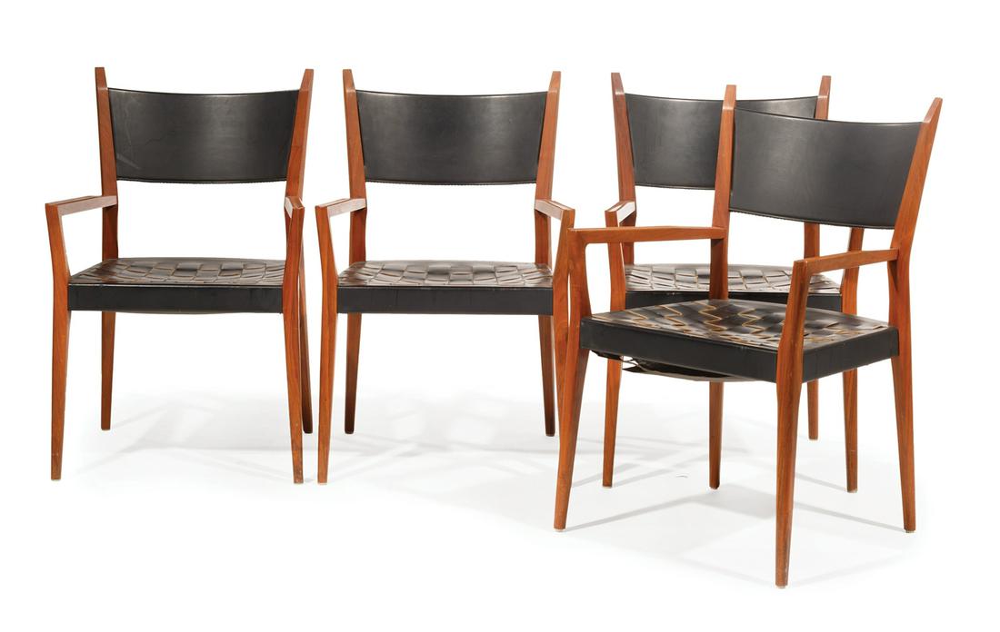 Mid-Century Modern Cherrywood, Leather Armchairs: Four American Mid-Century Modern Cherrywood and Woven Leather Armchairs , c. 1950, possibly Paul McCobb, tablet back, straight seat rail, tapered legs , h. 35 1/2 in., w. 21 in., d. 20 in