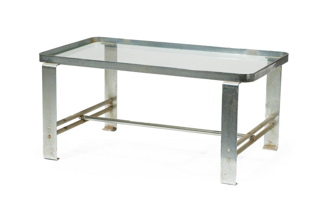 Wolfgang Hoffmann for Howell Coffee Table: Wolfgang Hoffmann for Howell Chromed Steel and Glass Coffee Table , 1930s, rectangular, cross-stretchers , h. 17 in., w. 36 in., d. 20 in