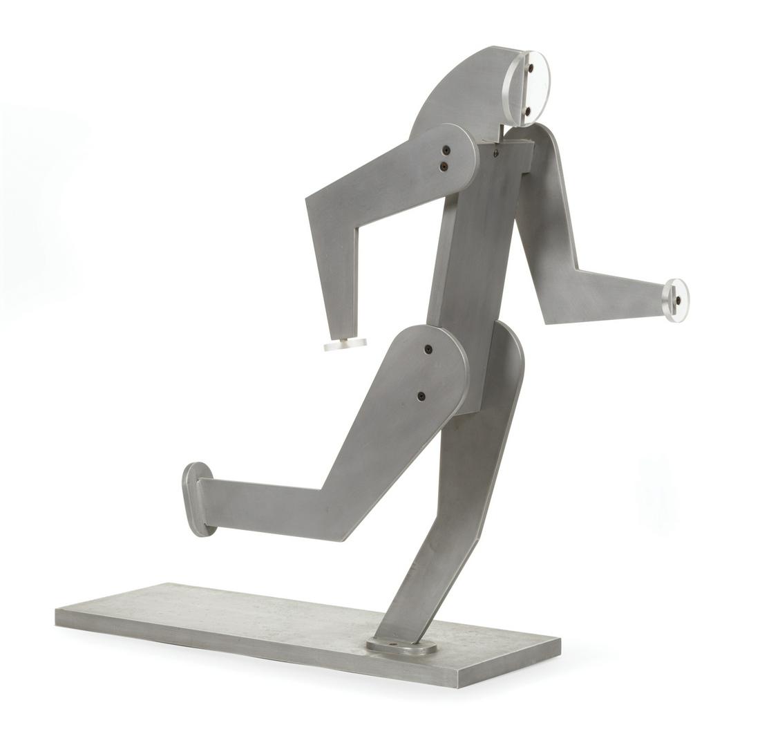 Thomas Robert Mann (American/New Orleans): Thomas Robert Mann (American/New Orleans, b. 1947) , "Running Man", 1989, aluminum and plastic, signed, monogrammed and dated on self-base, h. 20 1/2 in., w. 24 in., d. 8 in Condition: Overall fair co