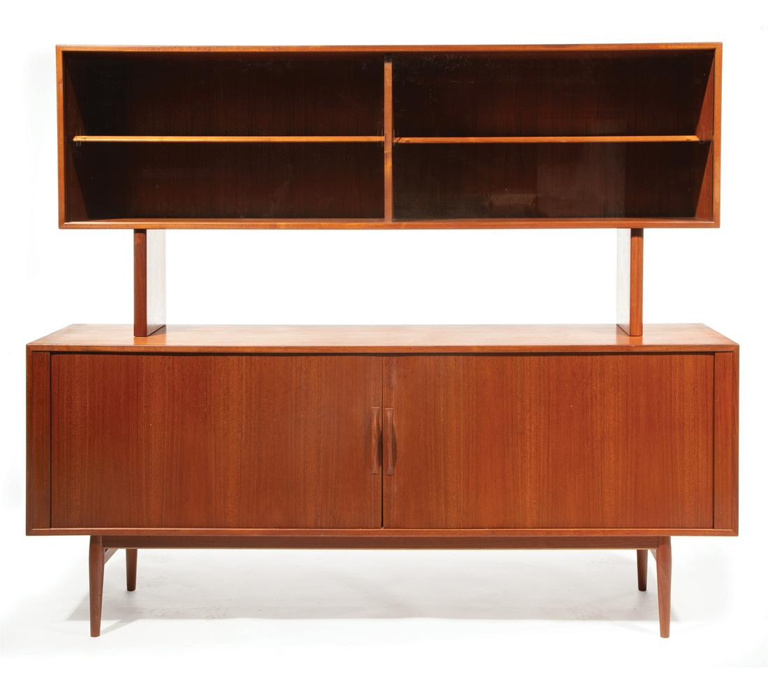 Arne Vodder for Sibast Teak Sideboard with Hutch: Arne Vodder for Sibast Teak Sideboard with Hutch , 1960s, base with tambour doors, fitted with two drawers and shelves, the hutch with sliding glass doors and a single adjustable shelf, h. 53 in., w.