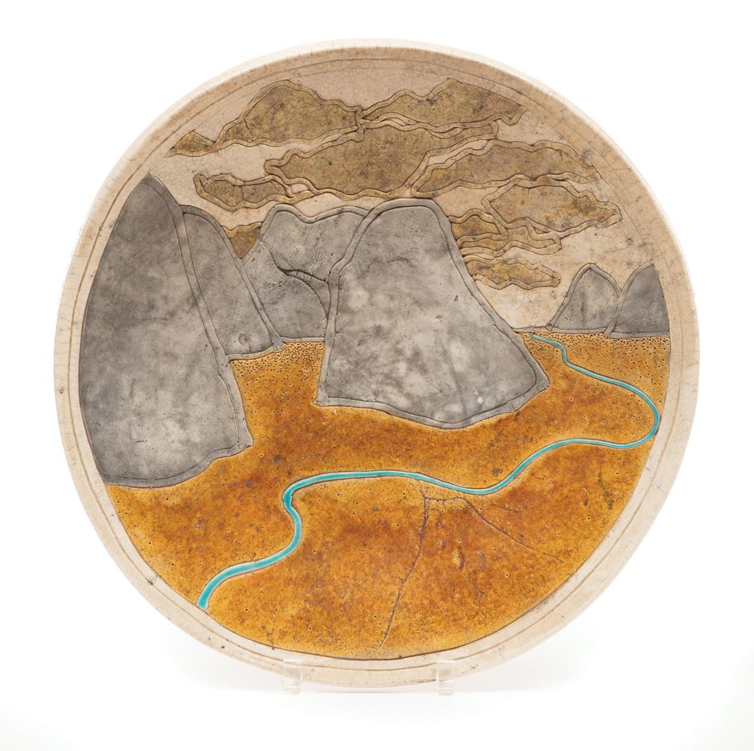 Wayne Higby (American, b. 1943): Wayne Higby (American, b. 1943) , 1980s, raku-fired wall-hanging charger, from the Landscape series, dia. 17 in 17 in