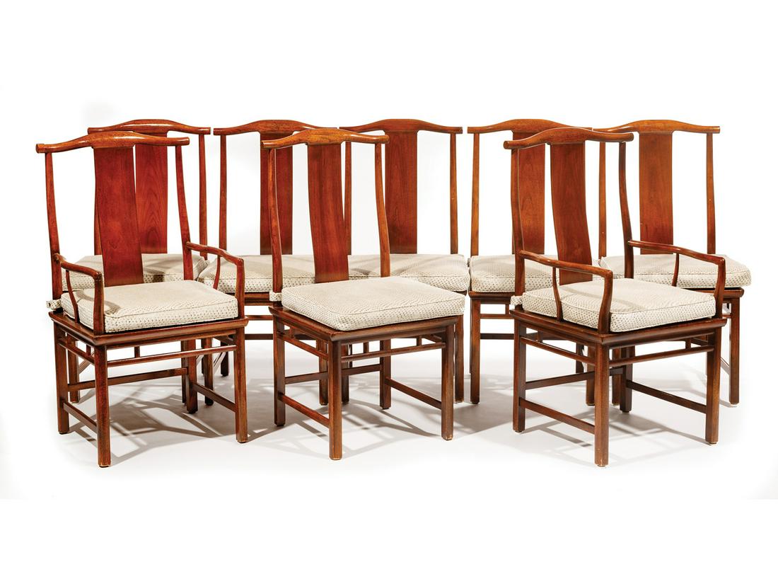 Michael Taylor for Baker Walnut Dining Chairs: Eight Michael Taylor for Baker "Asian Modern" Walnut Dining Chairs , incl. 2 arms, 6 sides , h. 39 1/2 in., w. 19 in., d. 18 in