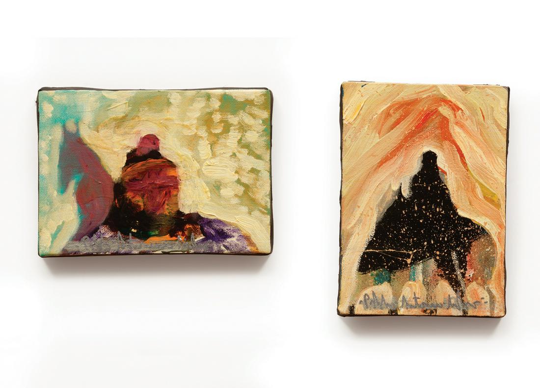 Pablo Antonio Milan (American/New Mexico): Pablo Antonio Milan (American/New Mexico, 1961-2017), "Buffalo Man's Vision" and "Warrior Vision", 2 oils on canvas, each signed lower center and titled on stretcher, 7 in. x 5 in. and 5 in. x 7 in.,