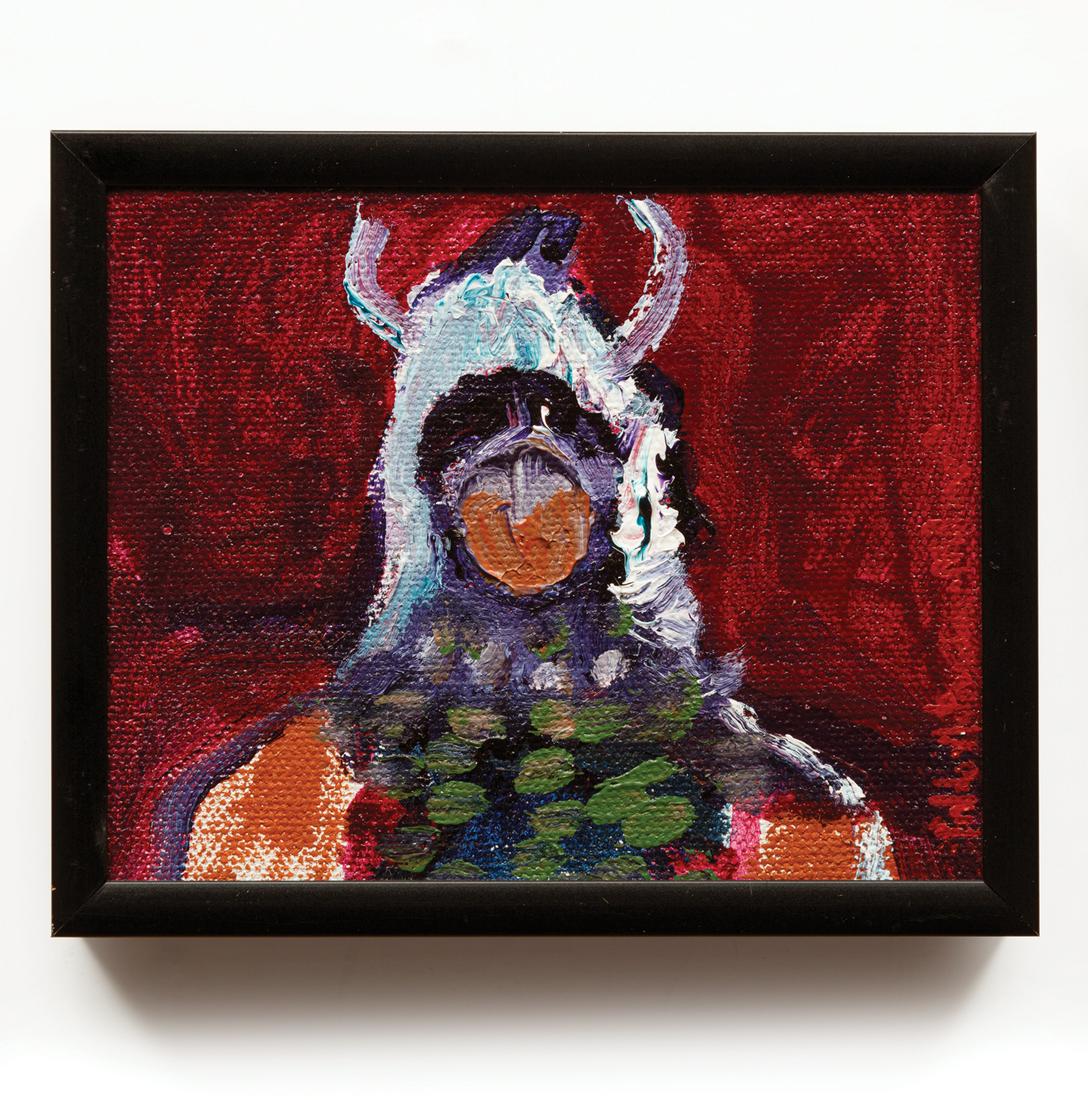 Pablo Antonio Milan (American/New Mexico): Pablo Antonio Milan (American/New Mexico, 1961-2017), "Figure in Headdress", oil on canvas, signed lower right, 4 in. x 4 7/8 in., framed Condition: Overall good condition. Ext. Frame: 4 1/8 in. x 5 1
