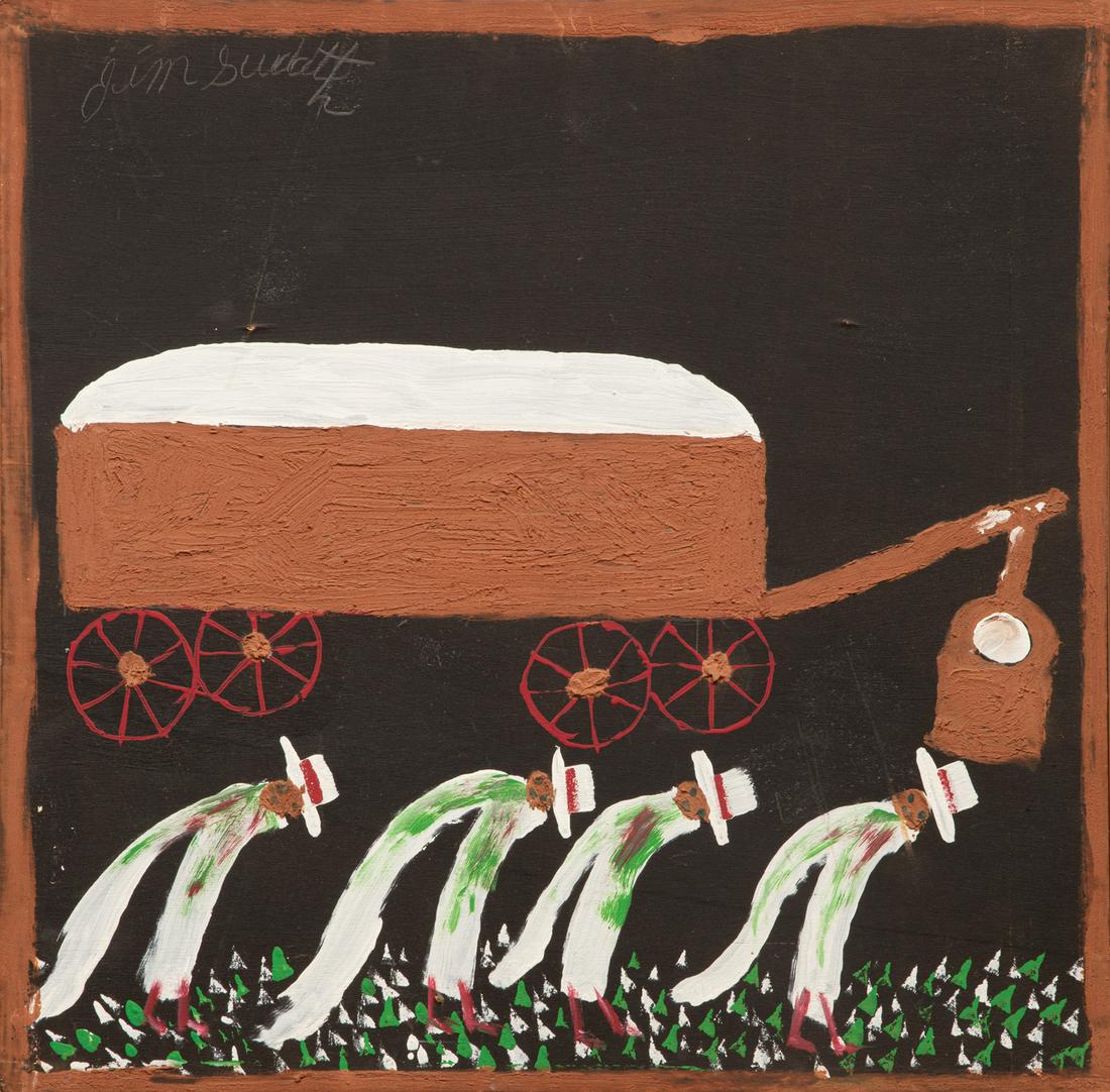 Jimmy Lee Sudduth (American/Alabama, 1910-2007): Jimmy Lee Sudduth (American/Alabama, 1910-2007), "Cotton Pickers", mud and mixed media on panel, signed upper left, "Red Piano Too Art Gallery" label en verso, 24 in. x 24 in., unframed Provenance: Re