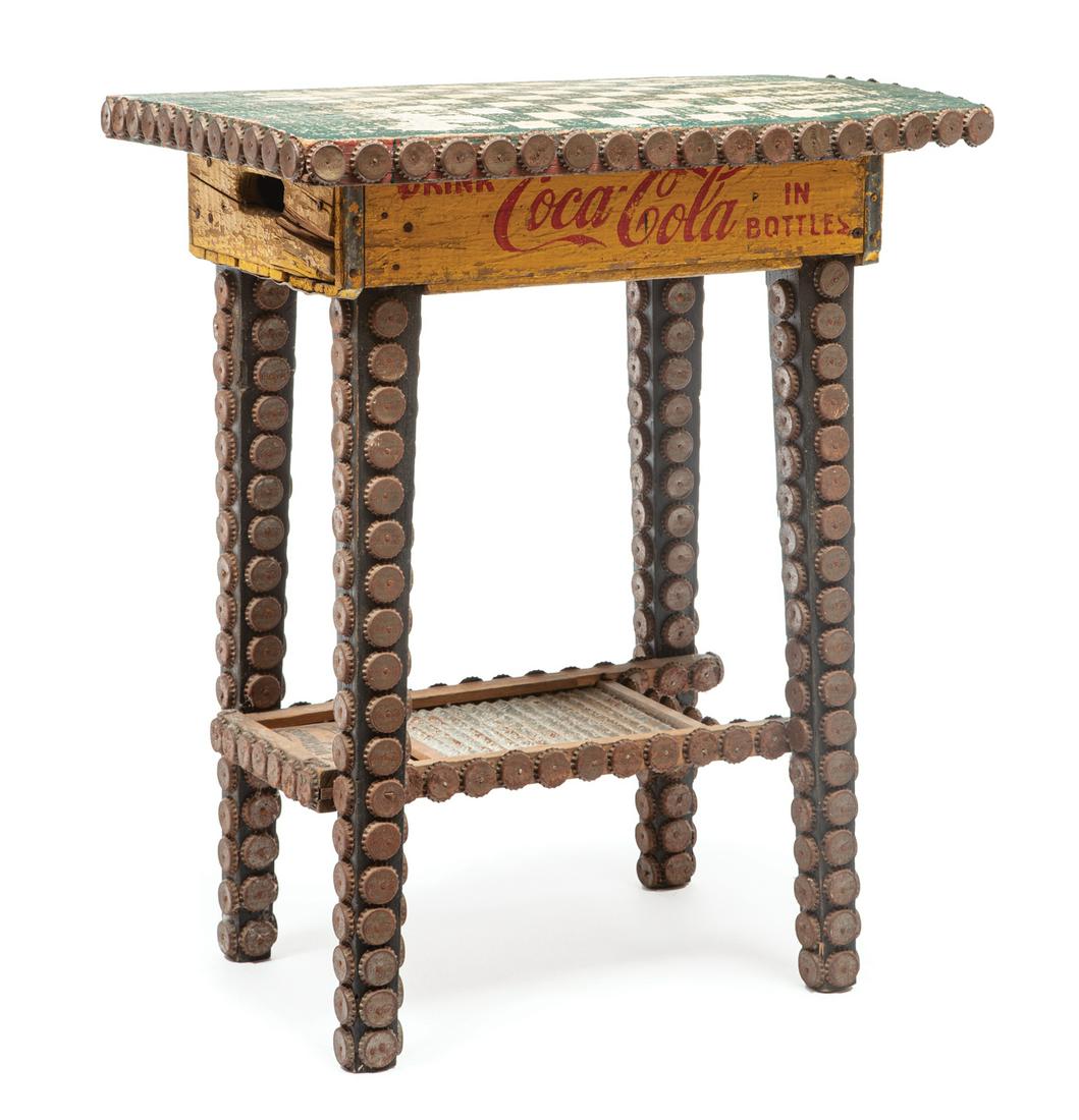 Robert "Dr. Bob" Shaffer (American/New Orleans): Robert "Dr. Bob" Shaffer (American/New Orleans, b. 1952), "Property of Rampart Rosie's Dominoes Parlor", mixed media checkers table sculpture with found objects and 32 bottle cap checkers, signed and