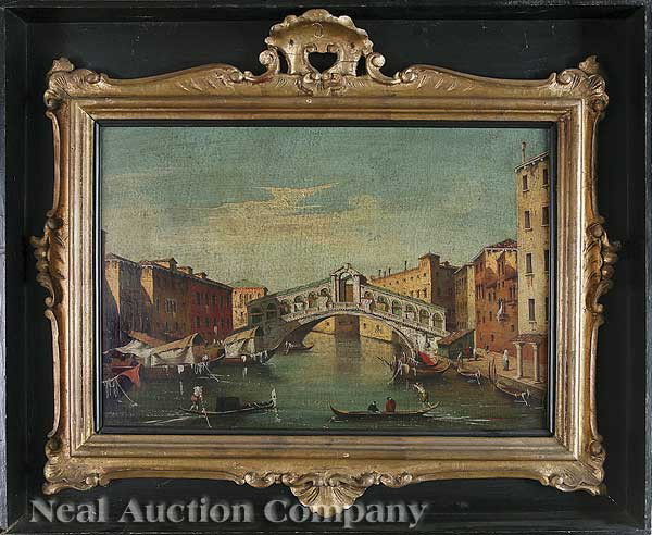 Vettore Zanetti-Zilla (Italian, 1864-1946): Vettore Zanetti-Zilla (Italian, 1864-1946), "Rialto Bridge, Venice", oil on canvas affixed to masonite, signed lower right, 14 in. x 20 in., in a carved giltwood frame, mounted in open shadow box