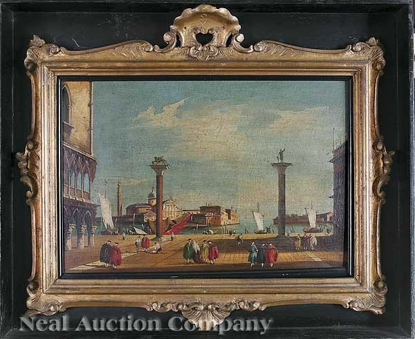 Vettore Zanetti-Zila (Italian, 1864-1946): Vettore Zanetti-Zila (Italian, 1864-1946), "Piazzo San Marco, Venice", oil on canvas affixed to masonite, signed lower right, 14 1/8 in. x 18 5/8 in., in a carved giltwood frame, mounted in an open sh
