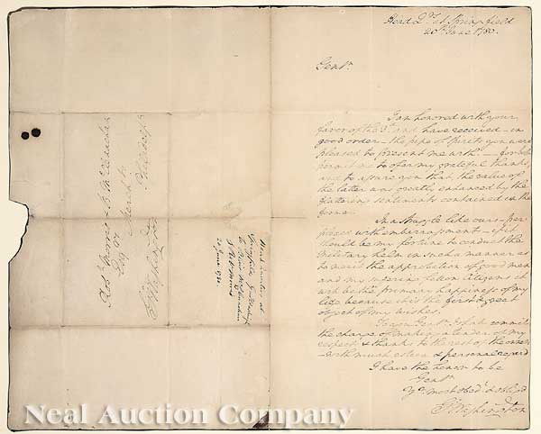 George Washington Autograph Letter: George Washington Autograph Letter, to Robert Morris and Blair McClenachan, 20 June 1780 from Springfield, NJ, thanking them for their letter and a gift of spirits, 1 folio page, ink on paper, formerl