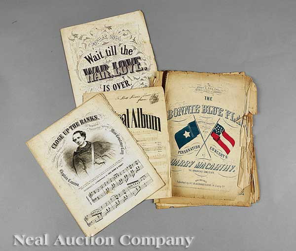 Group of Confederate Sheet Music: A Group of Confederate Sheet Music, six titles including; "The Bonnie Blue Flag", "Our Battle Flag", "Wait till the War, Love, is Over", "The Captain and his Whiskers", "I Remember the Hour when sadly