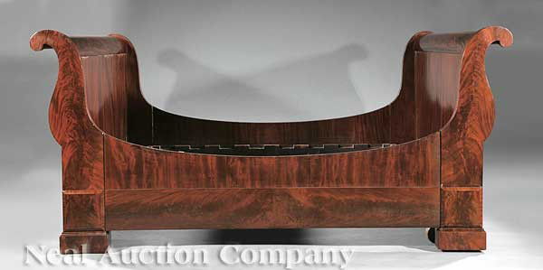 Duncan Phyfe Mahogany Sleigh Bed: A Fine American Late Classical Mahogany Sleigh Bed, c. 1830, attributed to Duncan Phyfe, New York, scrolled head and foot, inverted bow rails, plinth feet, finely figured veneers throughout, height 43