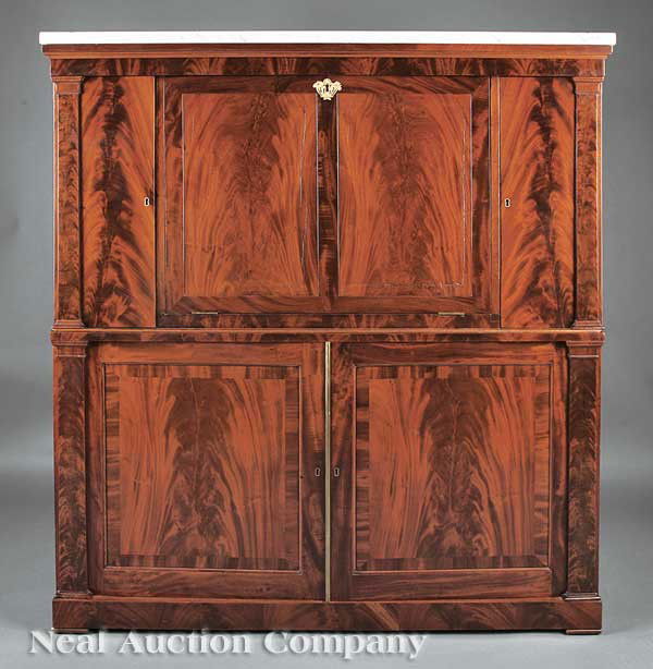 Phyfe Figured Mahogany Sécrétaire à Abattant: A Fine American Classical Figured Mahogany Sécrétaire à Abattant, early 19th c., attributed to Duncan Phyfe, New York, having a marble top, paneled fall front lid with inset baize writing surface,