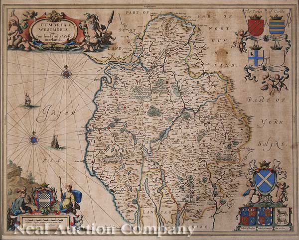 Hand-Colored Map of England by Janson: An Antique Hand-Colored Map of England, 18th c., by Janson, showing the counties of Cumbria and Westmorland, sight 17 1/4 in. x 21 3/4 in