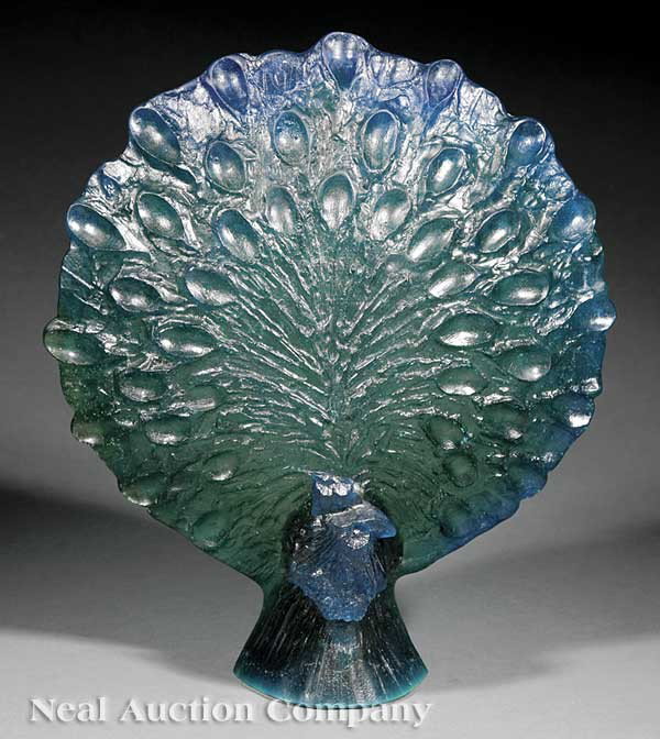 Daum Pate de Verre Peacock: A Daum Pate de Verre Peacock, modeled by Guy Petitfils (French, b. 1927), stamped "Daum" and artist signature, etched no. 168/300, height 14 1/4 in., width 12 3/8 in., depth 3 3/4 in