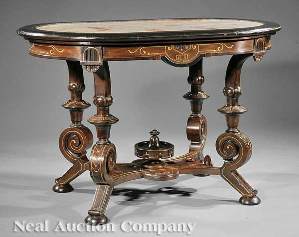 Gustave Herter Ebonized. Incised Walnut Center Ta: An American Neo-Grec Ebonized and Gilt Incised Walnut Center Table, late 19th c., attributed to Gustave Herter, New York, inset marble top, incised skirt with fluted oval brackets, on square supports 
