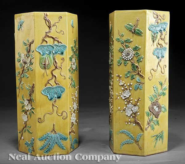 Pair Chinese "Wang Bing Rong" Porcelain Vases: A Pair of Chinese "Wang Bing Rong" Relief Decorated Porcelain Vases, late 19th/early 20th c., each of hexagonal form relief carved with seasonal flowering branches and insects, bases with raised four 