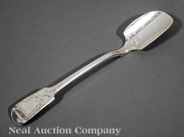 Samuel Hayne & Dudley Cater Silver Cheese Scoop: An Early Victorian Sterling Silver Cheese Scoop, Samuel Hayne & Dudley Cater, London, 1844, length 9 1/2 in., weight 1.5 troy ozs