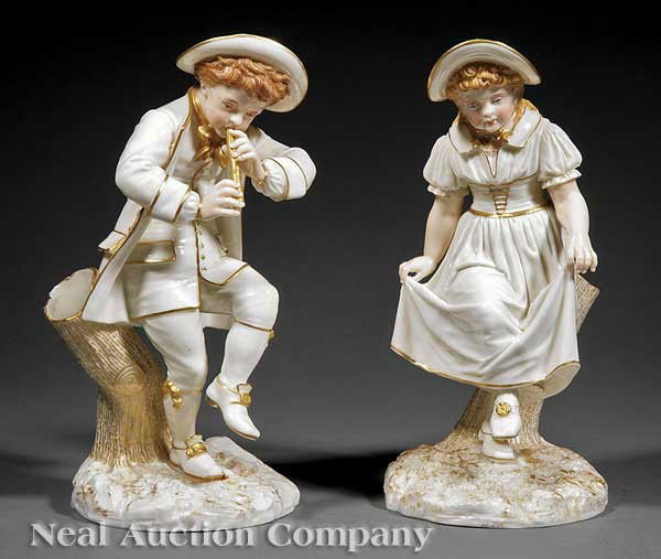 A Pair of Royal Worcester Gilt-Decorated Vases: A Pair of Royal Worcester Gilt-Decorated Cream Porcelain Figural Vases, late 19th c., modeled by James Hadley, one a boy playing a recorder, the other a girl dancing, the vase portions disguised as tr