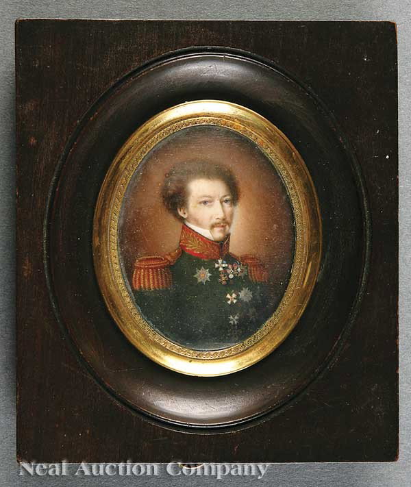 Continental School, early 19th c: Continental School, early 19th c., "Portrait of a Russian General", miniature watercolor on ivory, illegibly signed lower right, inscribed "General Fessenboum" on backing paper, 3 in. x 2 1/4 in., fra