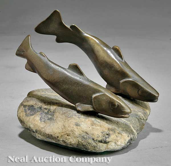 A French Bronze Sculptural Group of Two Fish: A French Bronze Sculptural Group of Two Fish, early-to-mid 20th c., after Charles Reussner (French, 1886-1961), cast signuture "Reussner" at back fin of each fish, set upon a natural granite base, hei