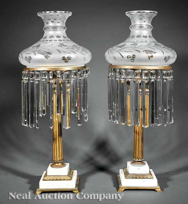 Pair of American Gilt Brass and Bronze Sinumbra L: A Pair of American Gilt Brass and Bronze Sinumbra Lamps, mid-19th c., tapered fluted columnar standard on stepped marble bases, period frosted and cut shades, hung with straight spear prisms, electrif
