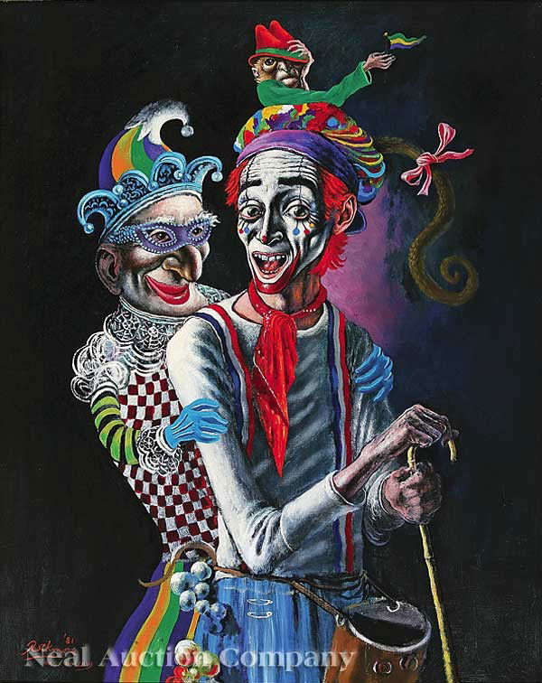Noel Rockmore (American/New Orleans, 1928-1995): Noel Rockmore (American/New Orleans, 1928-1995), "Mime with Polichinelle", oil on canvas, signed, dated "'81" and inscribed "New Orleans" lower left, with "Sandra Zahn Oreck Gallery" and "Artist's Sho