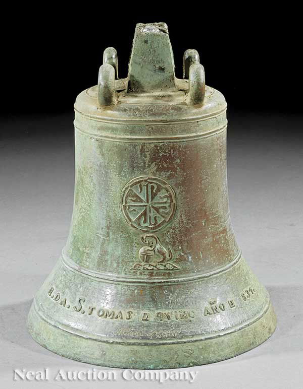 Ship's Bell, labeled "N.D.A.S. Tomas D'quine ANOE: An Antique Bronze Ship's Bell, possibly Spanish, labeled "N.D.A.S. Tomas D'quine ANOE 837", height 18 in., diameter 15 in., note: lacking clapper or yoke