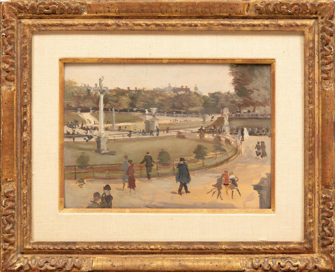Reginald Marsh (American, 1898-1954): Reginald Marsh (American, 1898-1954), "Gardens, Paris", 1926, oil on panel, unsigned, "Frank K. M. Rehn, Inc., New York, NY" label with artist and title, "Marsh Collection" stamp and inscribed "26-54"