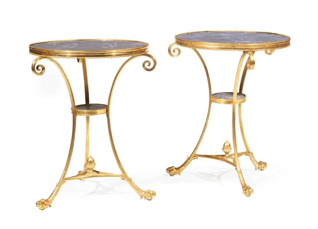 Gilt Bronze and Lapis Lazuli Gueridons: Pair of Neoclassical-Style Gilt Bronze and Lapis Lazuli Gueridons, inset top, scrolled supports, medial shelf, acorn finialed stretcher, paw feet, h. 26 1/2 in., dia. 20 1/2 in