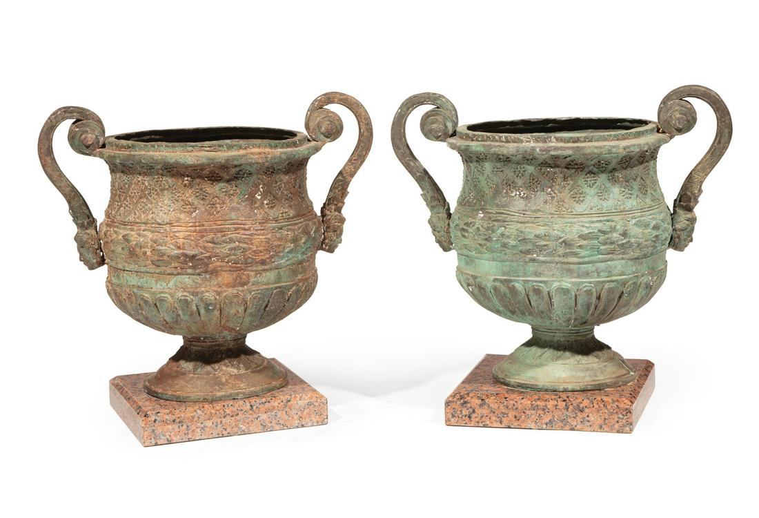Neoclassical-Style Verdigris Patinated Metal Urns (1 of 3)