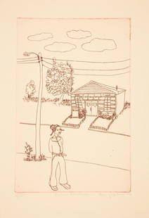 Benny Andrews (American, 1930-2006): Benny Andrews (American, 1930-2006), "Phyliss and the Church", 1976, etching, pencil-signed, titled, dated and numbered "34/47" lower margin, 20 3/4 in. x 13 3/4 in., unframed