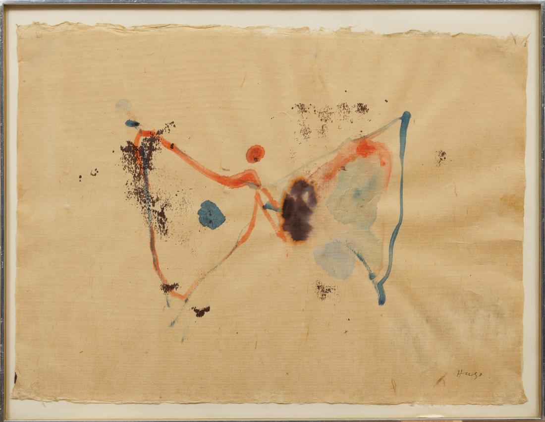 Hugo Weber (Swiss/New York, 1918-1971): Hugo Weber (Swiss/New York, 1918-1971), "A Butterfly, Papillon for Cora", 1961, watercolor on rice paper, pencil-signed lower right, signed, titled, dated and inscribed on backing board, 12 1/2 in. x