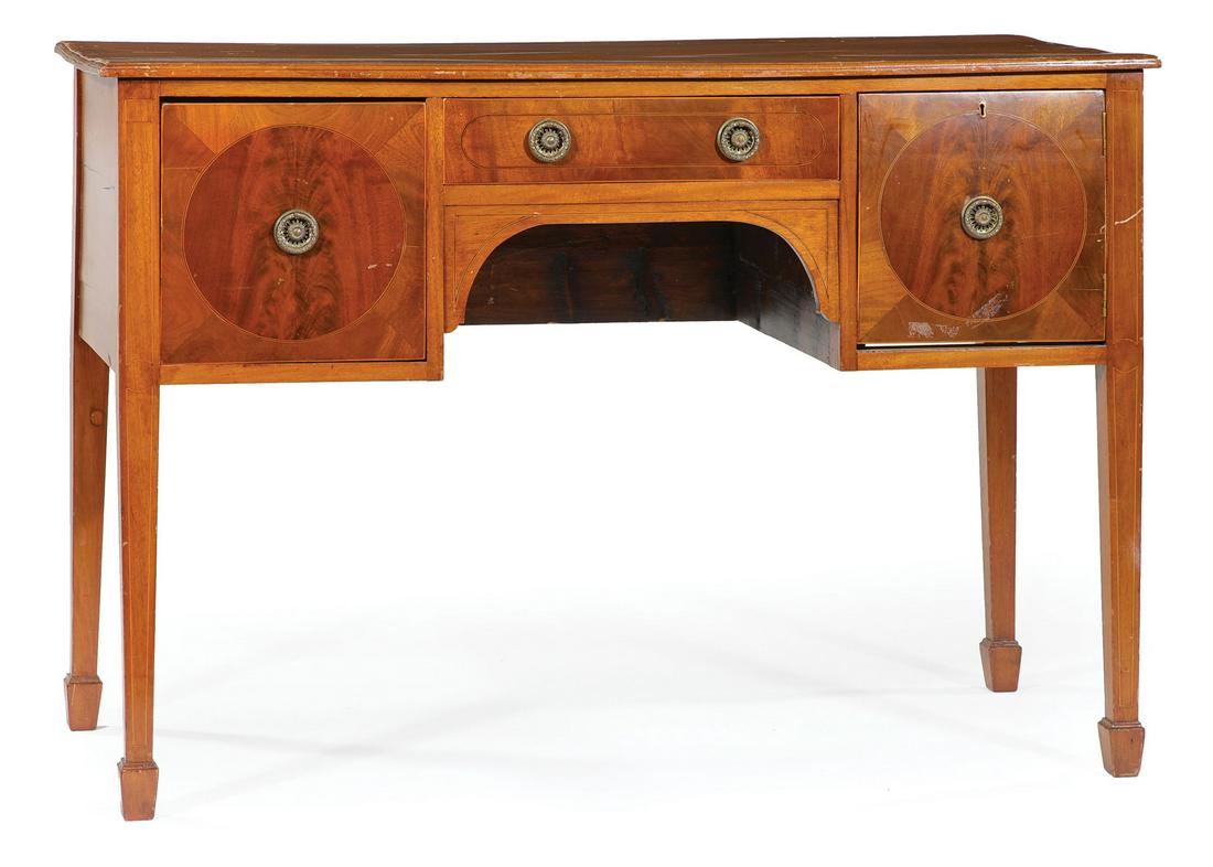 George III Inlaid Mahogany Brandy Board: George III Inlaid Mahogany Brandy Board, early 19th c., molded top, center drawer, two cabinet doors, spandrels, tapered legs, spade feet , h. 33 1/2 in., w. 49 1/2 in., d. 23 in
