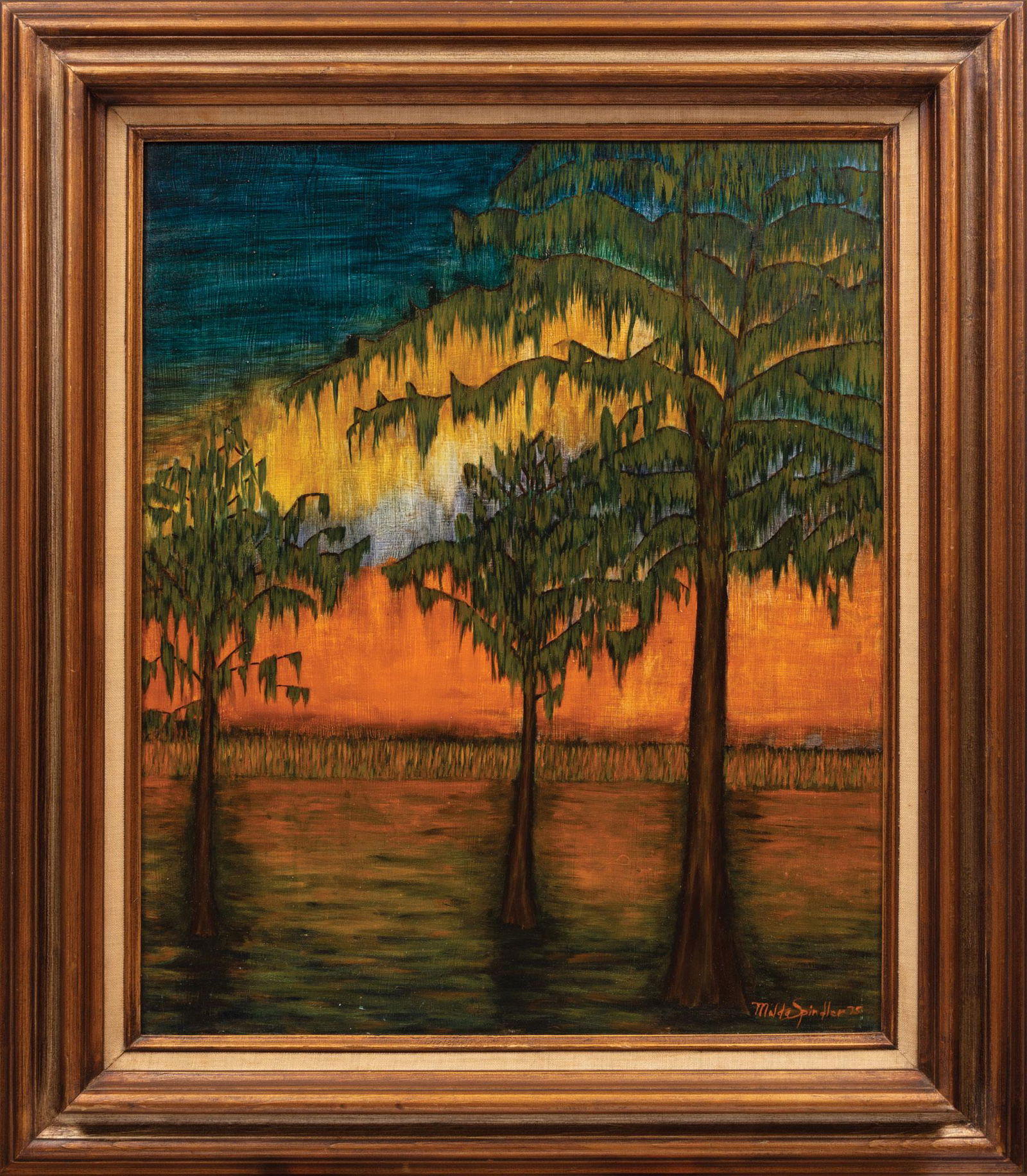 Milda Spindler (Lithuanian/New Orleans 1927-2021): Milda Spindler (Lithuanian/New Orleans, 1927-2021), "Cypress Trees", 1975, oil on masonite, signed and dated lower right, 24 1/8 in. x 19 7/8 in., framed Condition: Overall good condition. Ext. Frame: