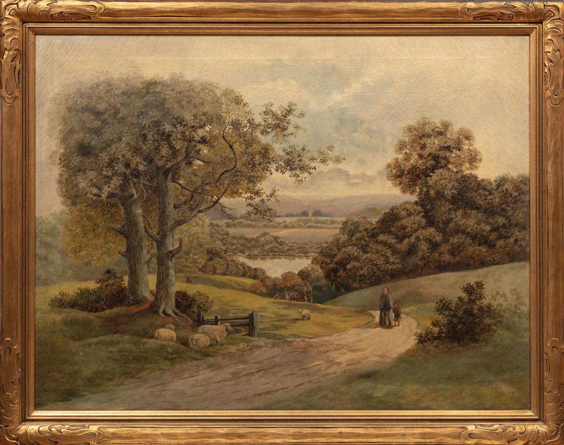 American School, 19th c: American School, 19th c., "Travelers in a Landscape", oil on canvas, unsigned, 32 in. x 42 in., framed Condition: Overall fair condition. Ext. Frame: 37 1/2 in. x 47 1/2 in. x 2 1/4 in